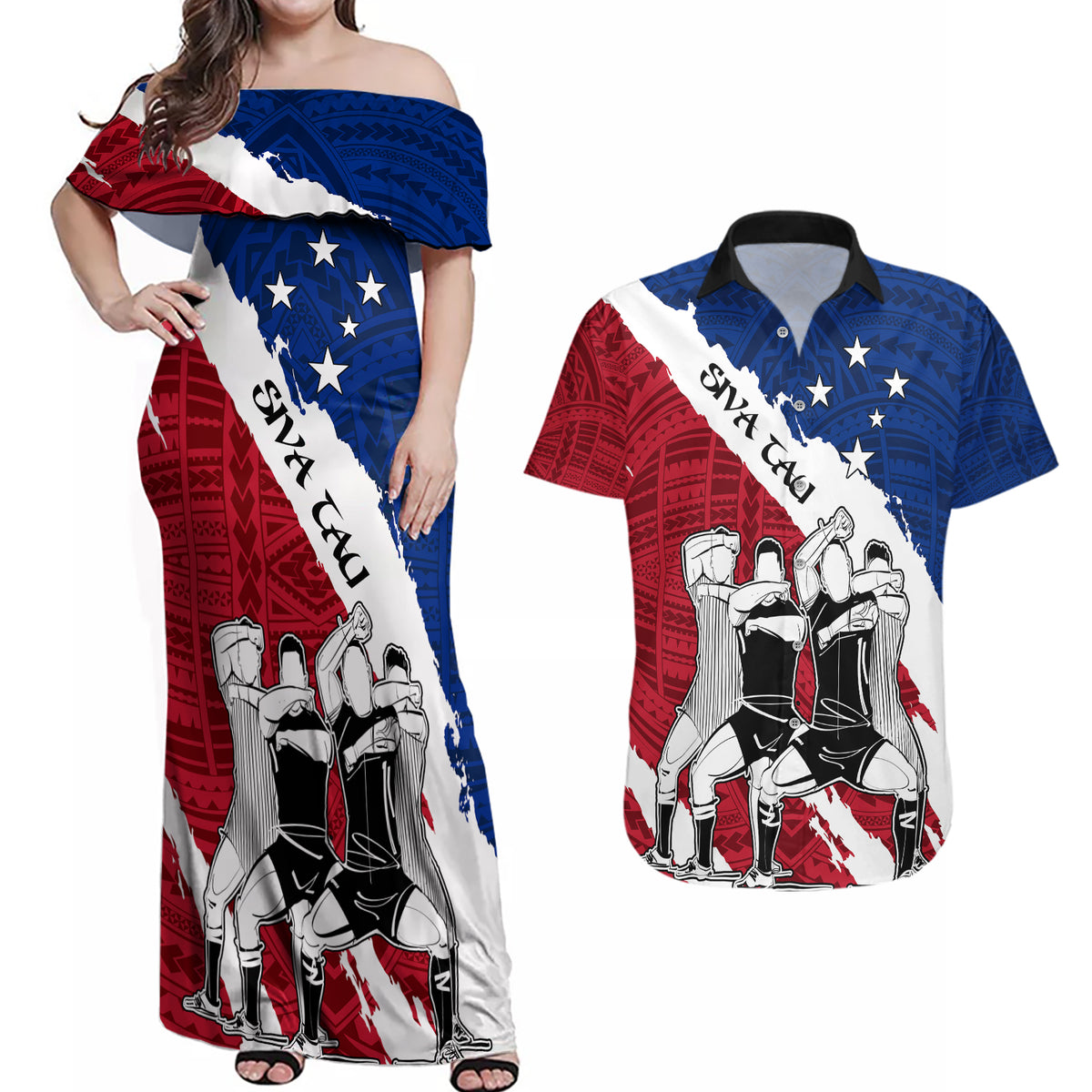 Custom Samoa Rugby Couples Matching Off Shoulder Maxi Dress and Hawaiian Shirt Siva Tau Dance Polynesian Tattoo Brush Style LT03 Red - Polynesian Pride