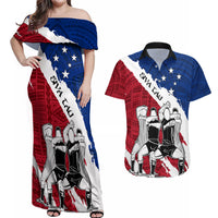 Custom Samoa Rugby Couples Matching Off Shoulder Maxi Dress and Hawaiian Shirt Siva Tau Dance Polynesian Tattoo Brush Style LT03 Red - Polynesian Pride