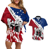 Custom Samoa Rugby Couples Matching Off Shoulder Short Dress and Hawaiian Shirt Siva Tau Dance Polynesian Tattoo Brush Style LT03 Red - Polynesian Pride