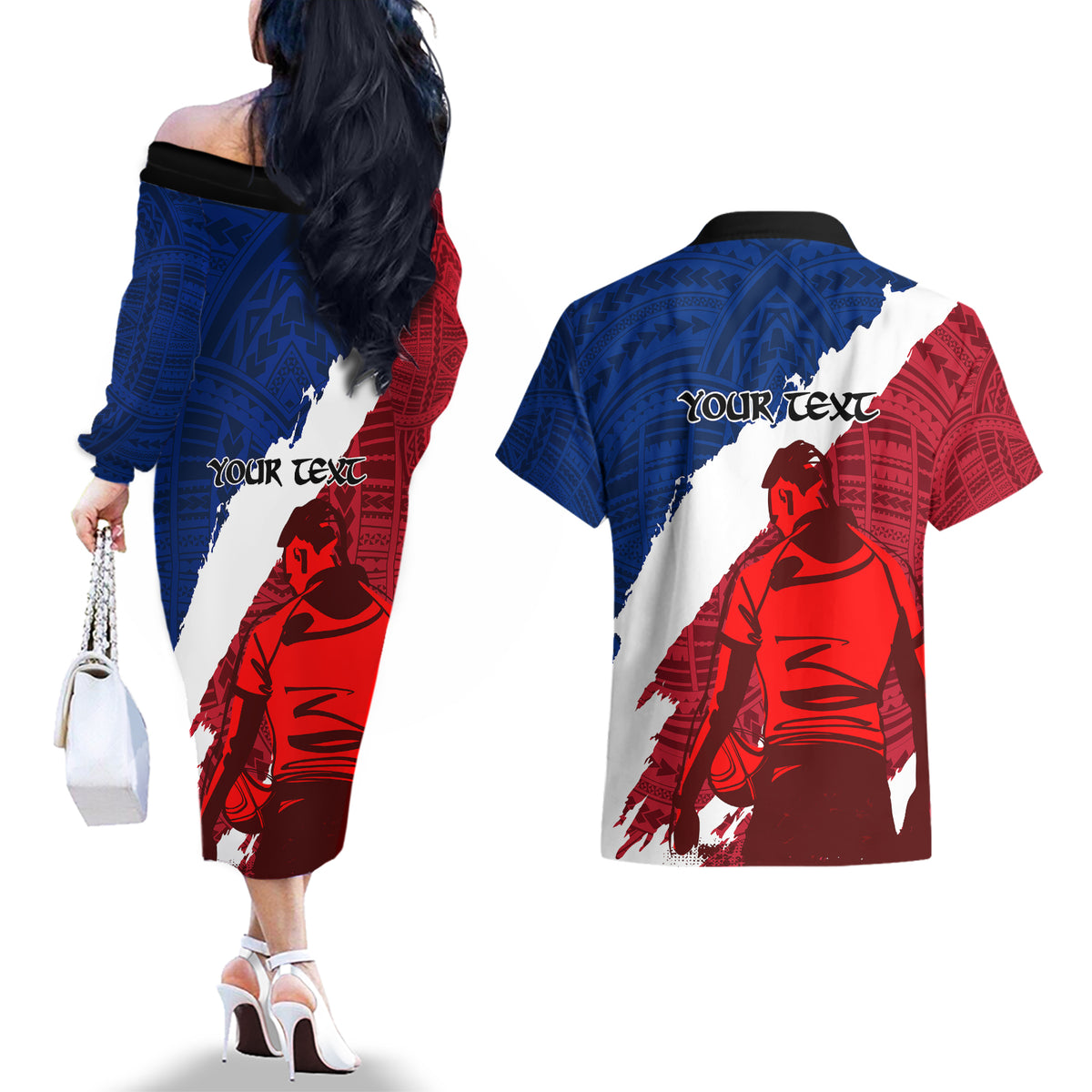 Custom Samoa Rugby Couples Matching Off The Shoulder Long Sleeve Dress and Hawaiian Shirt Siva Tau Dance Polynesian Tattoo Brush Style LT03 - Polynesian Pride
