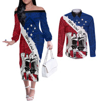 Custom Samoa Rugby Couples Matching Off The Shoulder Long Sleeve Dress and Long Sleeve Button Shirts Siva Tau Dance Polynesian Tattoo Brush Style LT03 Red - Polynesian Pride