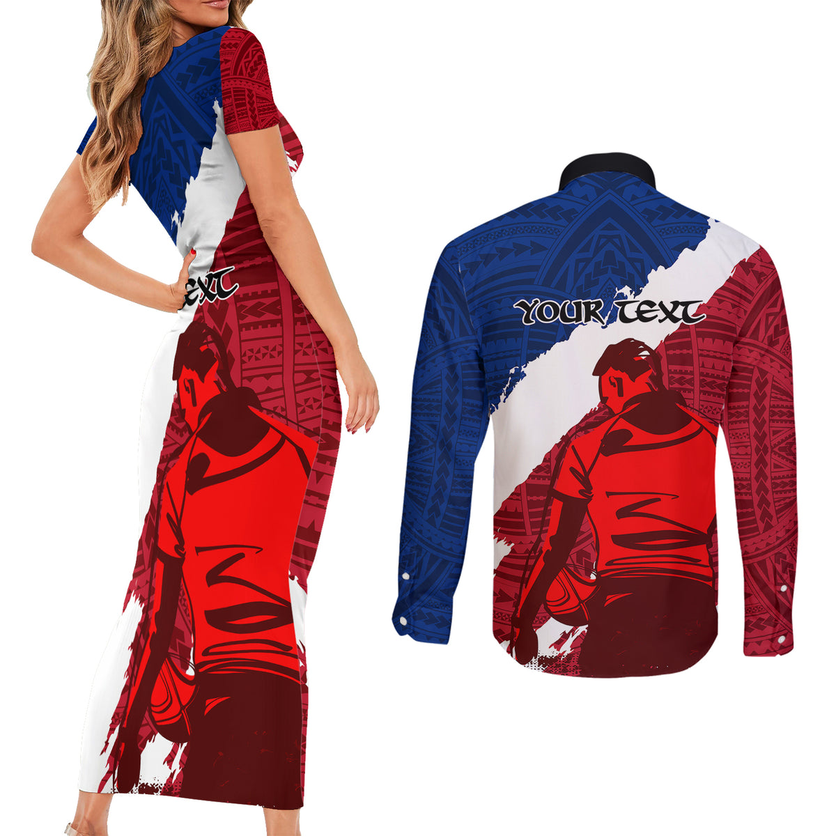 Custom Samoa Rugby Couples Matching Short Sleeve Bodycon Dress and Long Sleeve Button Shirts Siva Tau Dance Polynesian Tattoo Brush Style LT03 - Polynesian Pride
