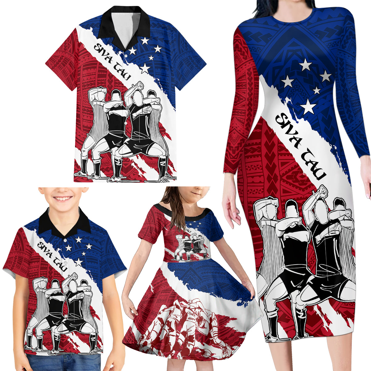 Custom Samoa Rugby Family Matching Long Sleeve Bodycon Dress and Hawaiian Shirt Siva Tau Dance Polynesian Tattoo Brush Style LT03 - Polynesian Pride