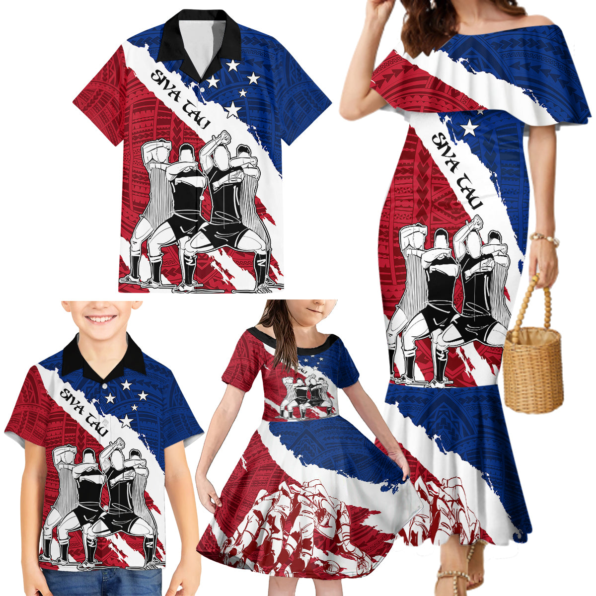 Custom Samoa Rugby Family Matching Mermaid Dress and Hawaiian Shirt Siva Tau Dance Polynesian Tattoo Brush Style LT03 - Polynesian Pride