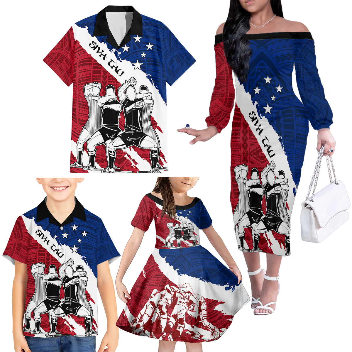 Custom Samoa Rugby Family Matching Off Shoulder Long Sleeve Dress and Hawaiian Shirt Siva Tau Dance Polynesian Tattoo Brush Style LT03 - Polynesian Pride