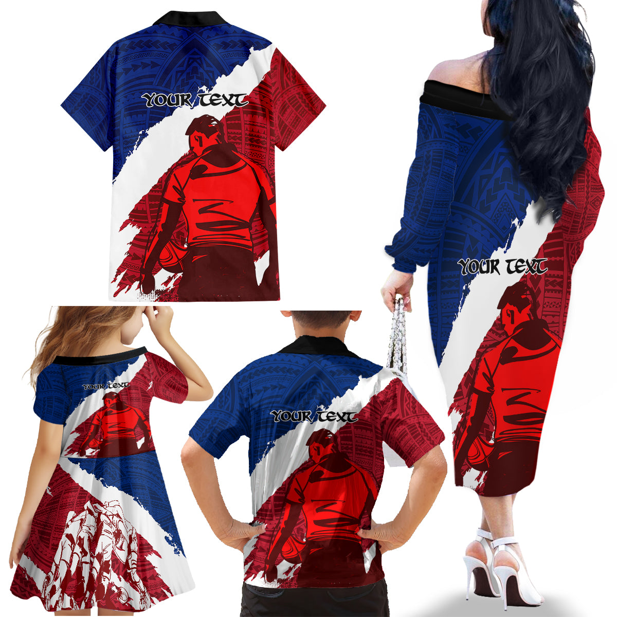 Custom Samoa Rugby Family Matching Off Shoulder Long Sleeve Dress and Hawaiian Shirt Siva Tau Dance Polynesian Tattoo Brush Style LT03 - Polynesian Pride