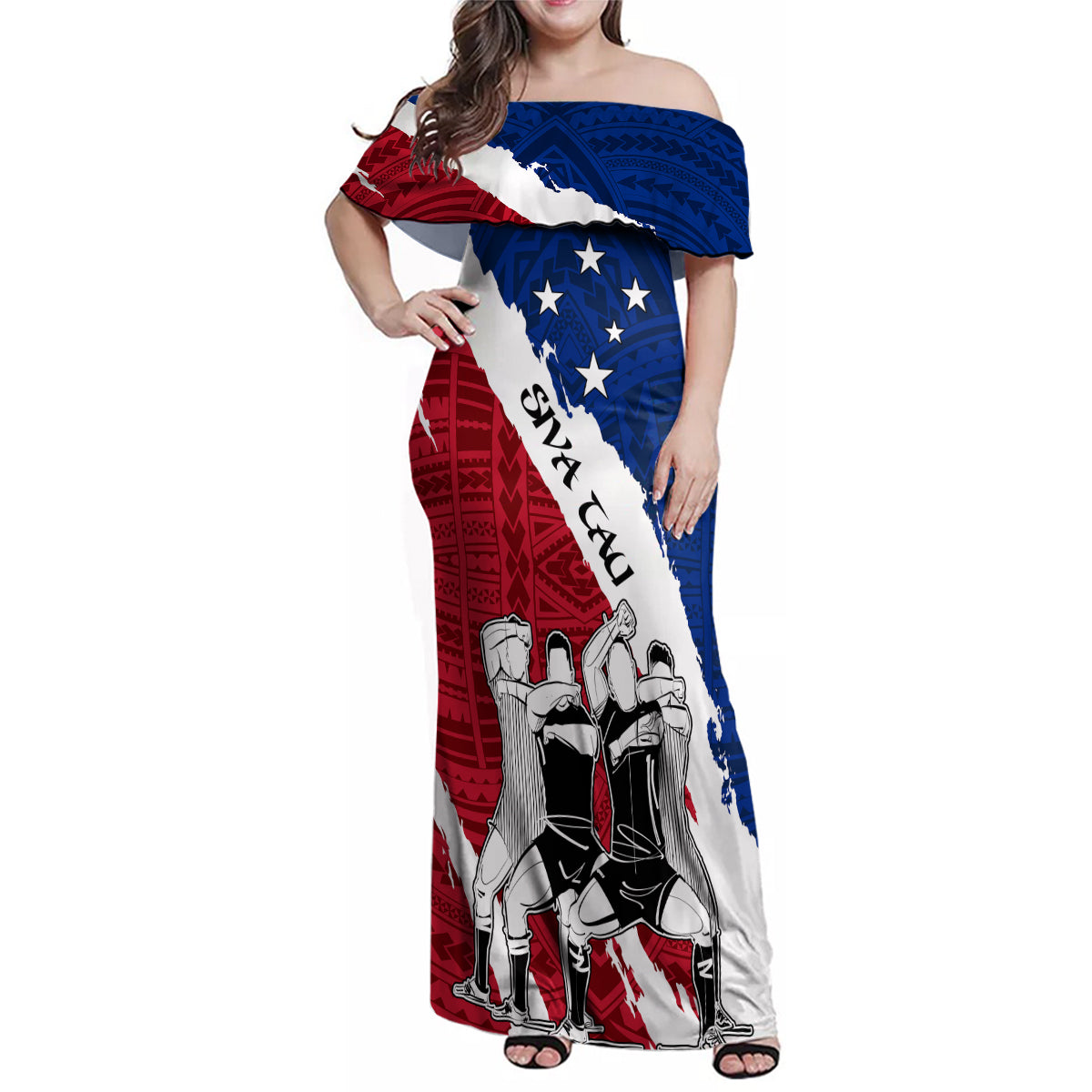 Custom Samoa Rugby Family Matching Off Shoulder Maxi Dress and Hawaiian Shirt Siva Tau Dance Polynesian Tattoo Brush Style LT03 Mom's Dress Red - Polynesian Pride