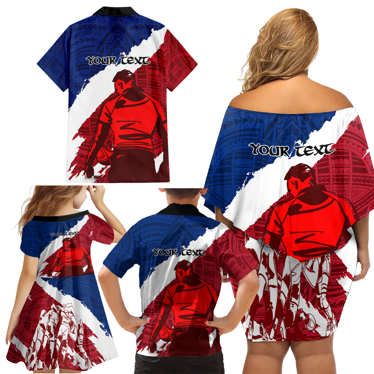 Custom Samoa Rugby Family Matching Off Shoulder Short Dress and Hawaiian Shirt Siva Tau Dance Polynesian Tattoo Brush Style LT03 - Polynesian Pride