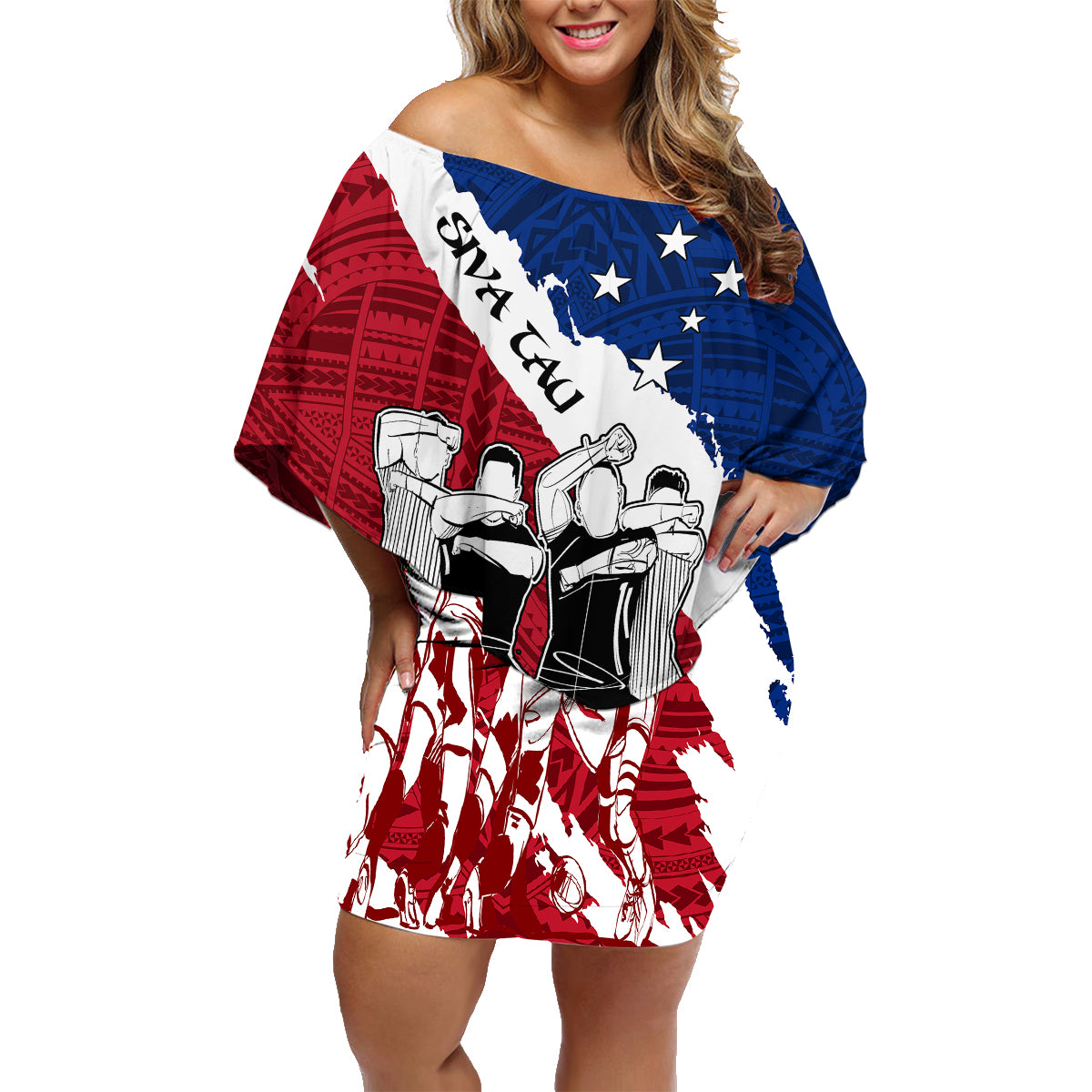 Custom Samoa Rugby Family Matching Off Shoulder Short Dress and Hawaiian Shirt Siva Tau Dance Polynesian Tattoo Brush Style LT03 Mom's Dress Red - Polynesian Pride