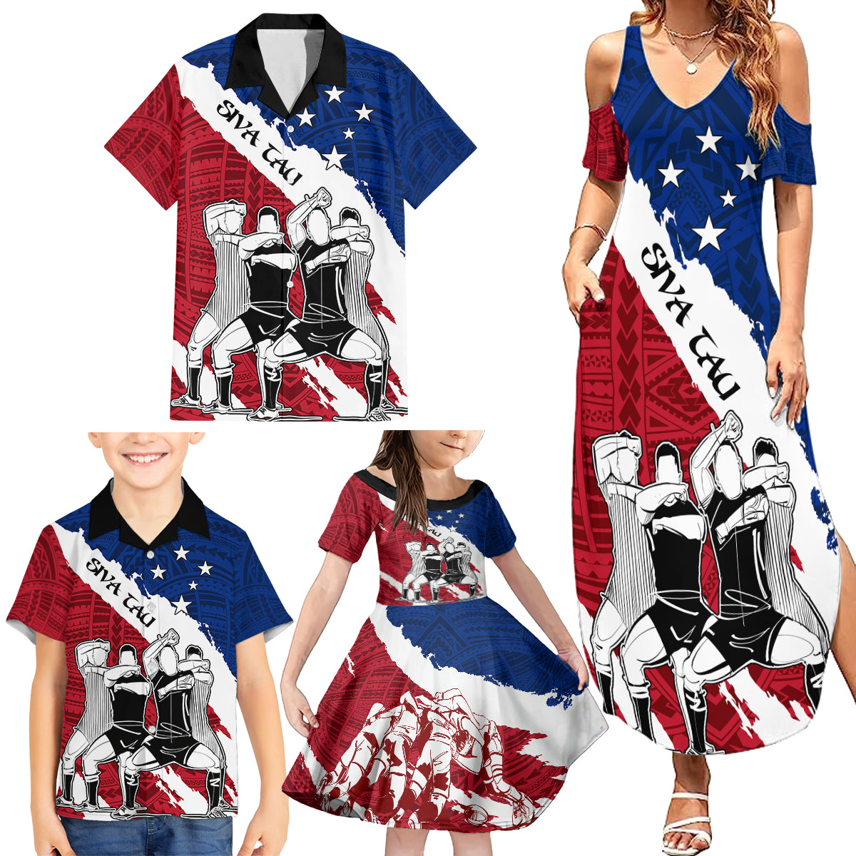 Custom Samoa Rugby Family Matching Summer Maxi Dress and Hawaiian Shirt Siva Tau Dance Polynesian Tattoo Brush Style LT03 - Polynesian Pride