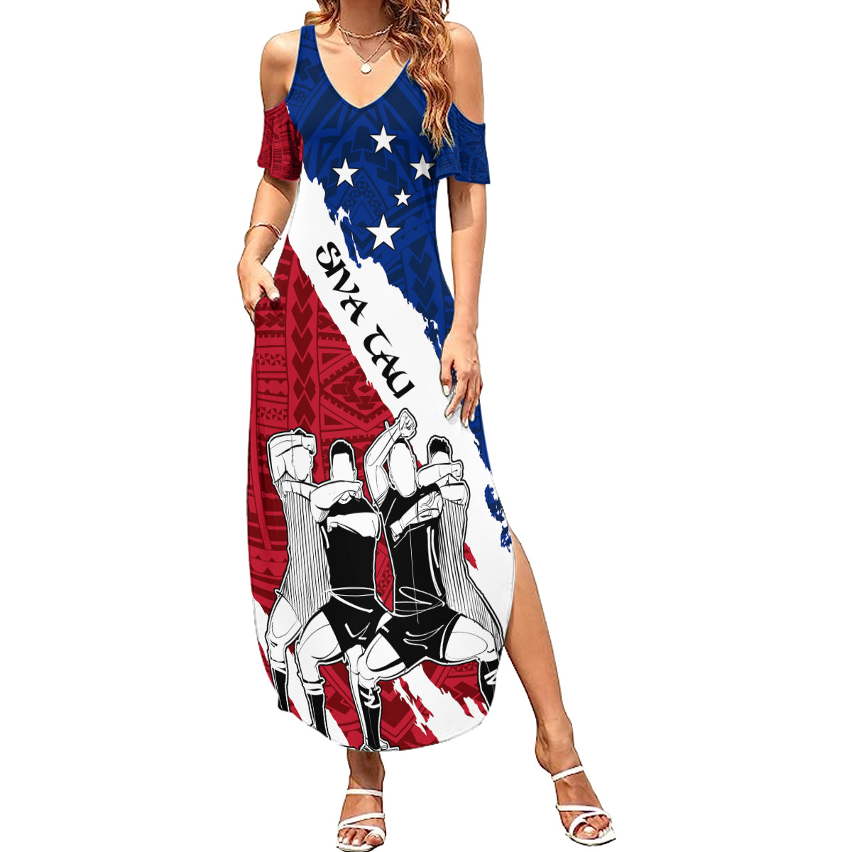 Custom Samoa Rugby Family Matching Summer Maxi Dress and Hawaiian Shirt Siva Tau Dance Polynesian Tattoo Brush Style LT03 Mom's Dress Red - Polynesian Pride