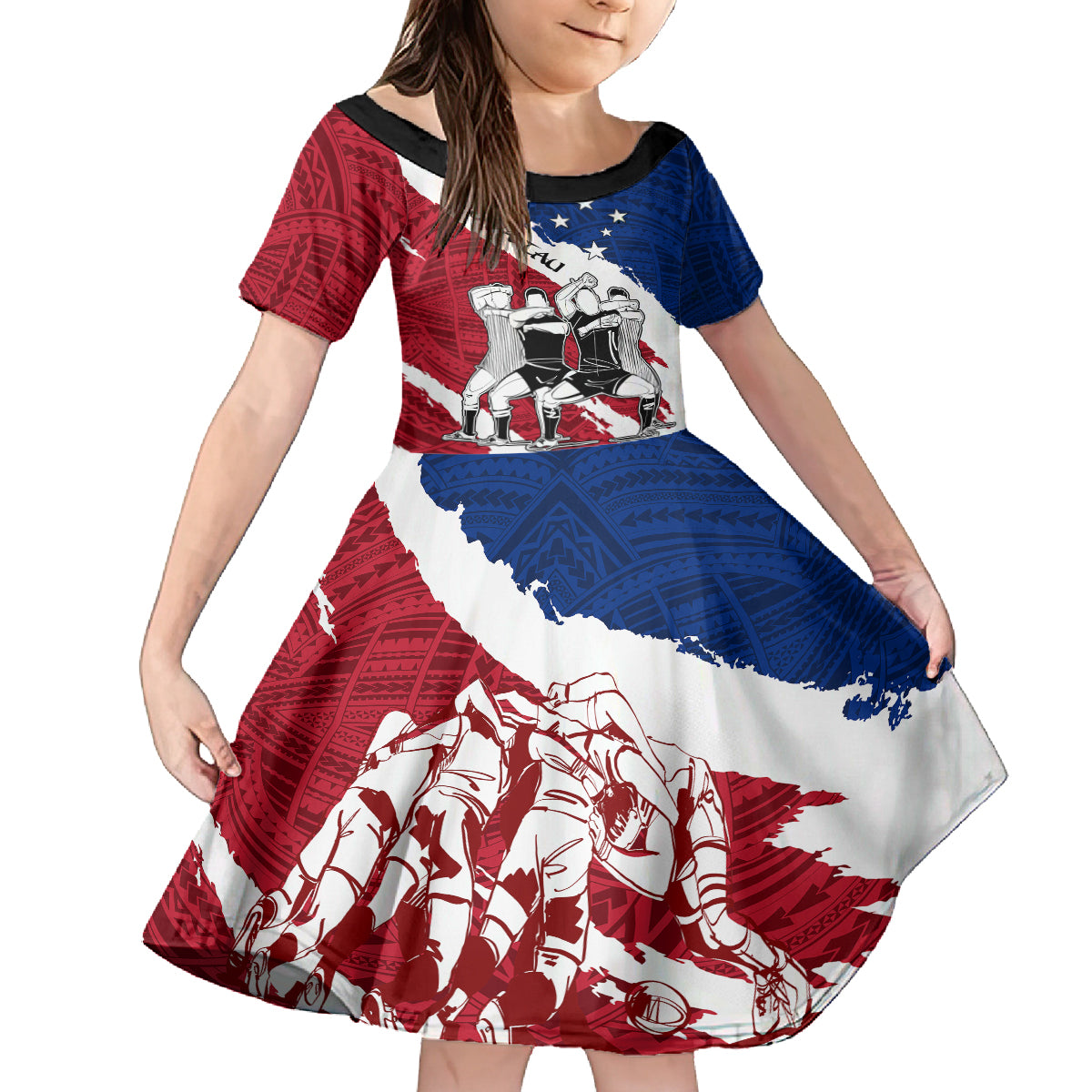 custom-samoa-rugby-kid-short-sleeve-dress-siva-tau-dance-polynesian-tattoo-brush-style
