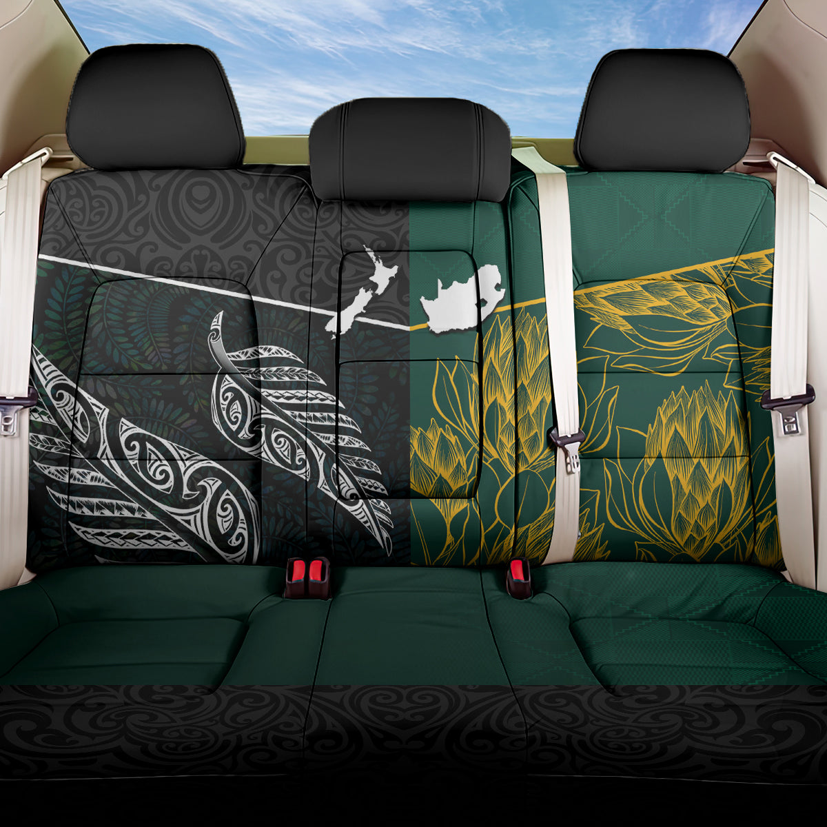 South Africa and New Zealand Back Car Seat Cover King Protea and Silver Fern Mix Culture Pattern LT03 One Size Black - Polynesian Pride