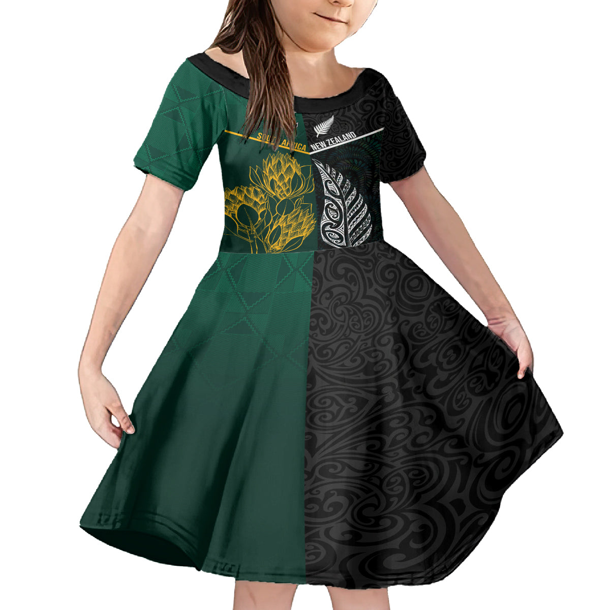 South Africa and New Zealand Family Matching Off Shoulder Maxi Dress and Hawaiian Shirt King Protea and Silver Fern Mix Culture Pattern LT03 Daughter's Dress Black - Polynesian Pride