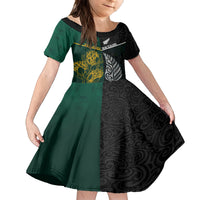 South Africa and New Zealand Family Matching Summer Maxi Dress and Hawaiian Shirt King Protea and Silver Fern Mix Culture Pattern LT03 Daughter's Dress Black - Polynesian Pride