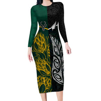 South Africa and New Zealand Long Sleeve Bodycon Dress King Protea and Silver Fern Mix Culture Pattern LT03 Long Dress Black - Polynesian Pride