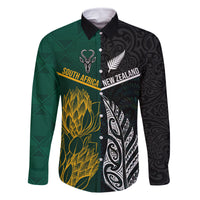 Personalised South Africa and New Zealand Family Matching Off Shoulder Maxi Dress and Hawaiian Shirt King Protea and Silver Fern Mix Culture Pattern LT03 Dad's Shirt - Long Sleeve Black - Polynesian Pride