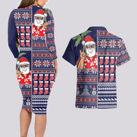 Hawaii Mele Kalikimaka Couples Matching Long Sleeve Bodycon Dress and Hawaiian Shirt Aloha and Christmas Elements Patchwork Blue Style LT03 - Polynesian Pride
