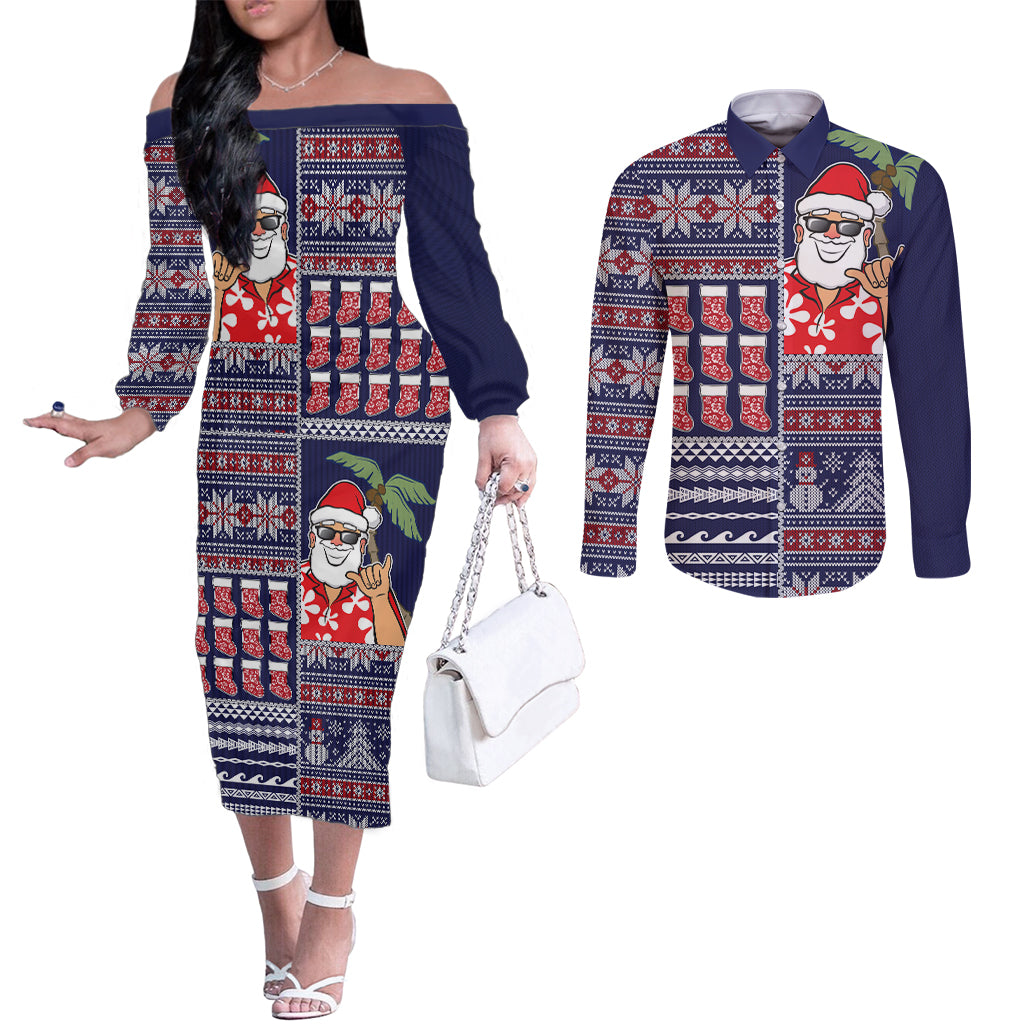 Hawaii Mele Kalikimaka Couples Matching Off The Shoulder Long Sleeve Dress and Long Sleeve Button Shirt Aloha and Christmas Elements Patchwork Blue Style LT03 Blue - Polynesian Pride