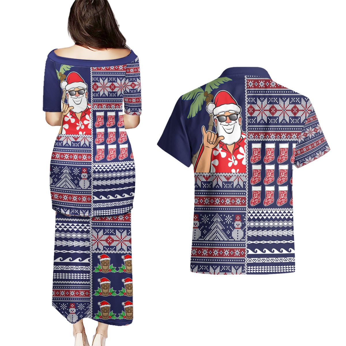 Hawaii Mele Kalikimaka Couples Matching Puletasi Dress and Hawaiian Shirt Aloha and Christmas Elements Patchwork Blue Style LT03 - Polynesian Pride