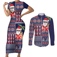 Hawaii Mele Kalikimaka Couples Matching Short Sleeve Bodycon Dress and Long Sleeve Button Shirt Aloha and Christmas Elements Patchwork Blue Style LT03 Blue - Polynesian Pride