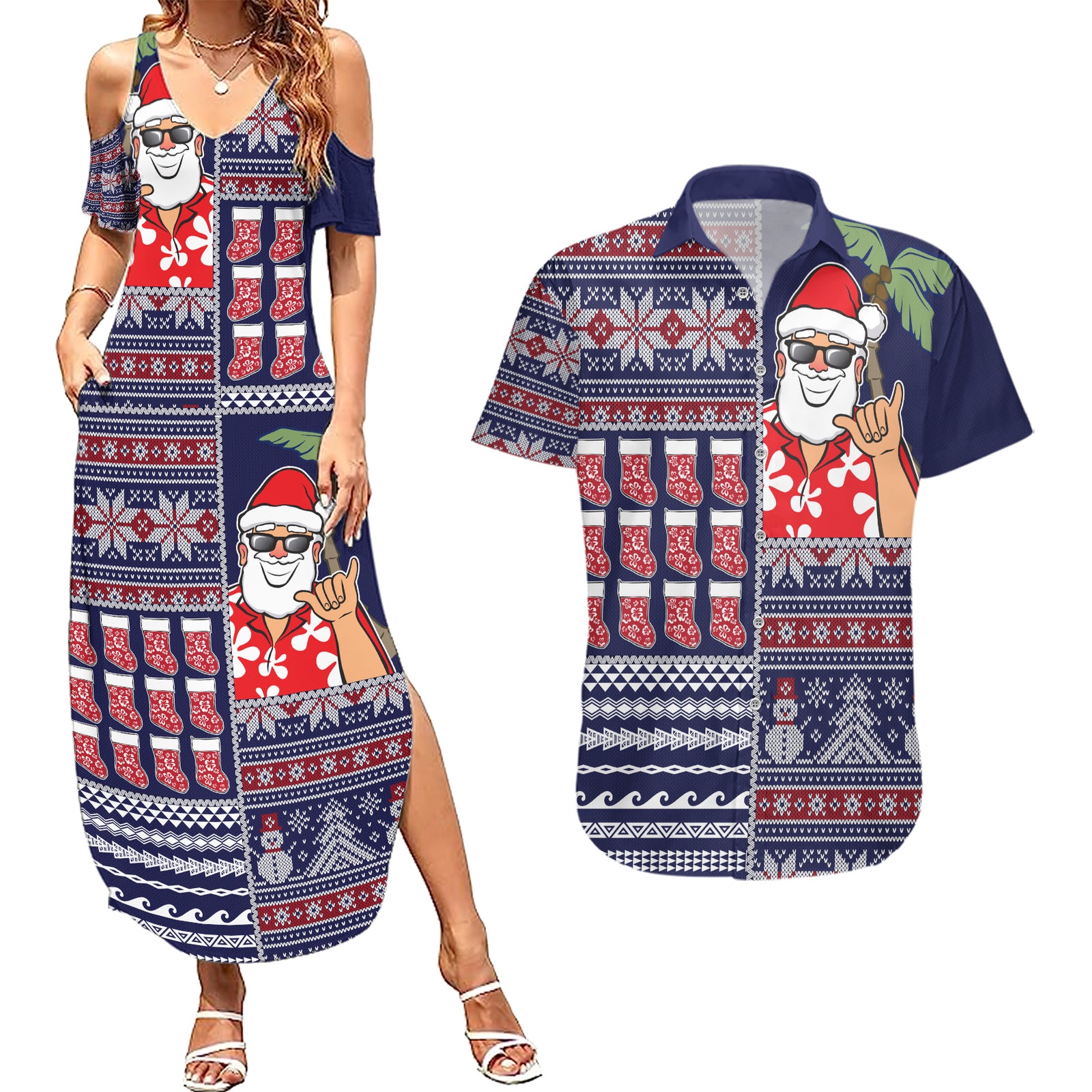 Hawaii Mele Kalikimaka Couples Matching Summer Maxi Dress and Hawaiian Shirt Aloha and Christmas Elements Patchwork Blue Style LT03 Blue - Polynesian Pride