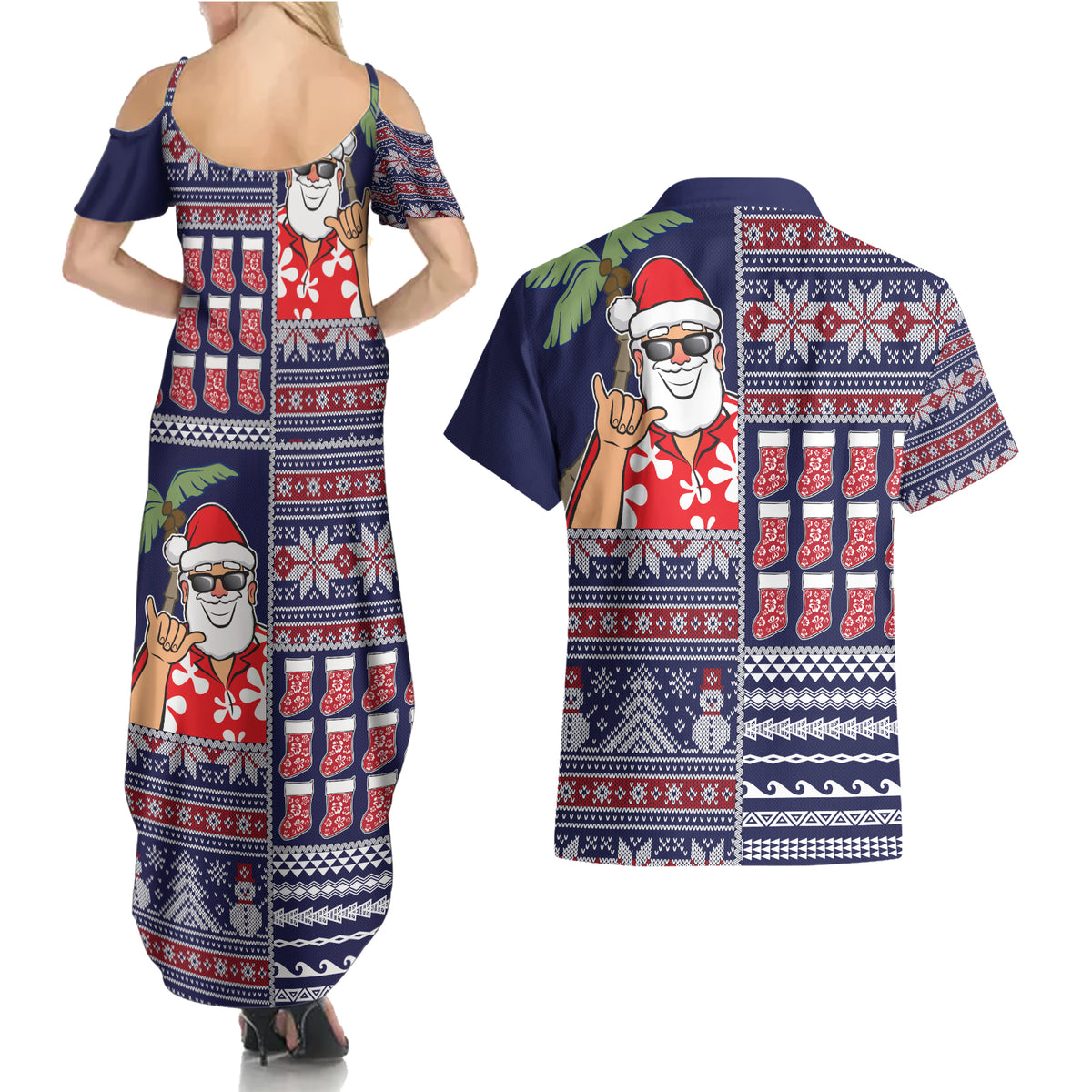 Hawaii Mele Kalikimaka Couples Matching Summer Maxi Dress and Hawaiian Shirt Aloha and Christmas Elements Patchwork Blue Style LT03 - Polynesian Pride