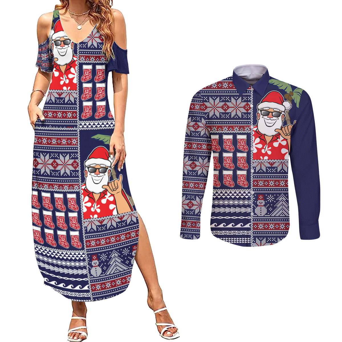 Hawaii Mele Kalikimaka Couples Matching Summer Maxi Dress and Long Sleeve Button Shirt Aloha and Christmas Elements Patchwork Blue Style LT03 Blue - Polynesian Pride