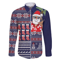 Hawaii Mele Kalikimaka Family Matching Off Shoulder Maxi Dress and Hawaiian Shirt Aloha and Christmas Elements Patchwork Blue Style LT03 Dad's Shirt - Long Sleeve Blue - Polynesian Pride