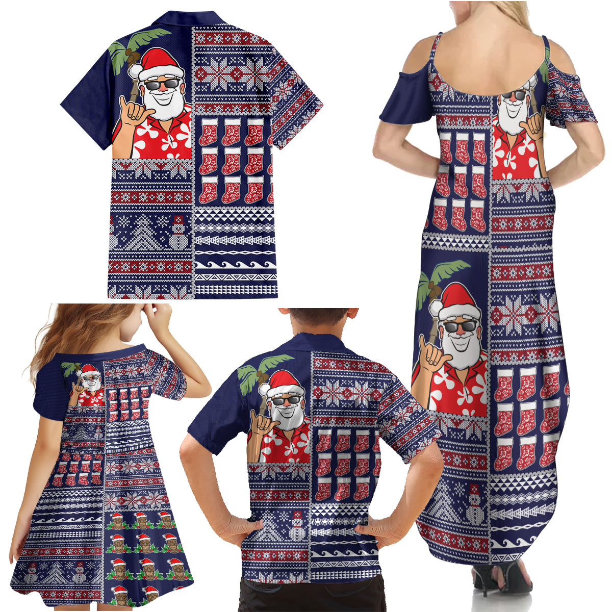 Hawaii Mele Kalikimaka Family Matching Summer Maxi Dress and Hawaiian Shirt Aloha and Christmas Elements Patchwork Blue Style LT03 - Polynesian Pride