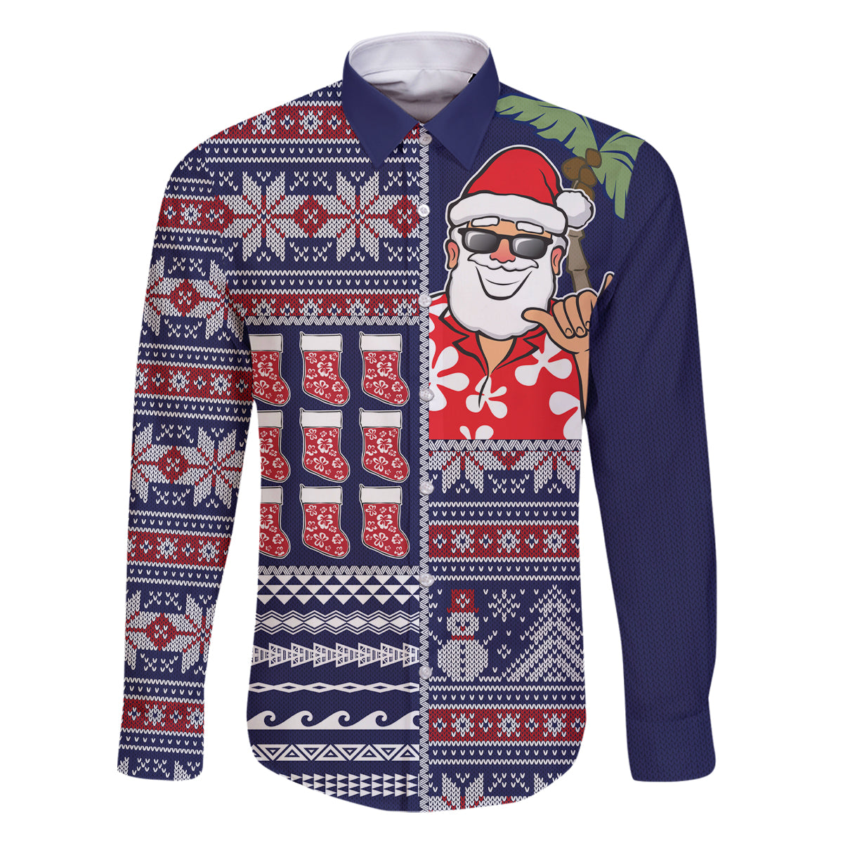 Hawaii Mele Kalikimaka Family Matching Tank Maxi Dress and Hawaiian Shirt Aloha and Christmas Elements Patchwork Blue Style LT03 Dad's Shirt - Long Sleeve Blue - Polynesian Pride