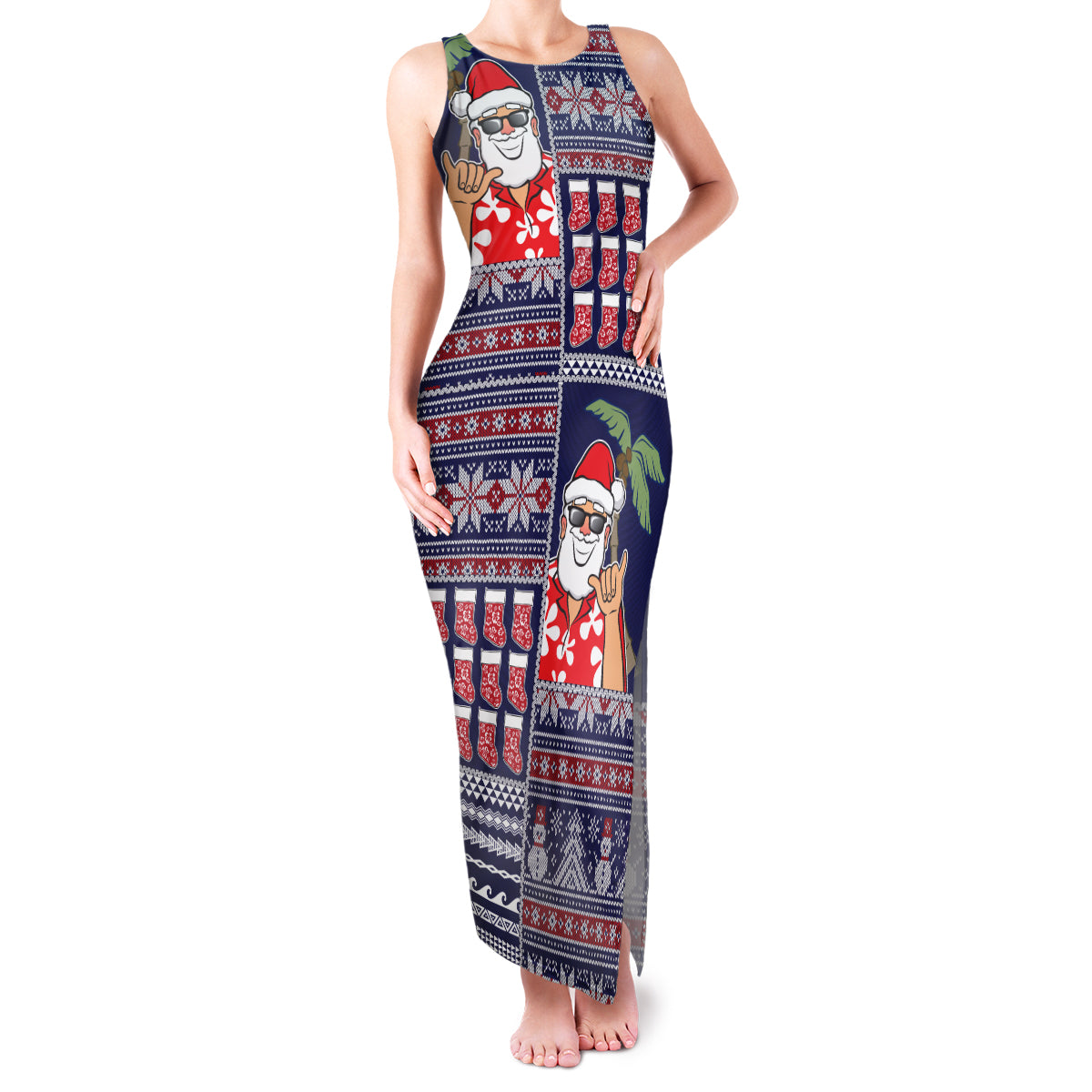 Hawaii Mele Kalikimaka Family Matching Tank Maxi Dress and Hawaiian Shirt Aloha and Christmas Elements Patchwork Blue Style LT03 Mom's Dress Blue - Polynesian Pride