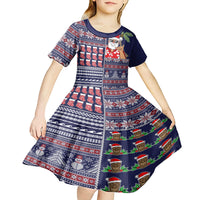 Hawaii Mele Kalikimaka Kid Short Sleeve Dress Aloha and Christmas Elements Patchwork Blue Style LT03 - Polynesian Pride