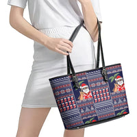 Hawaii Mele Kalikimaka Leather Tote Bag Aloha and Christmas Elements Patchwork Blue Style LT03 - Polynesian Pride
