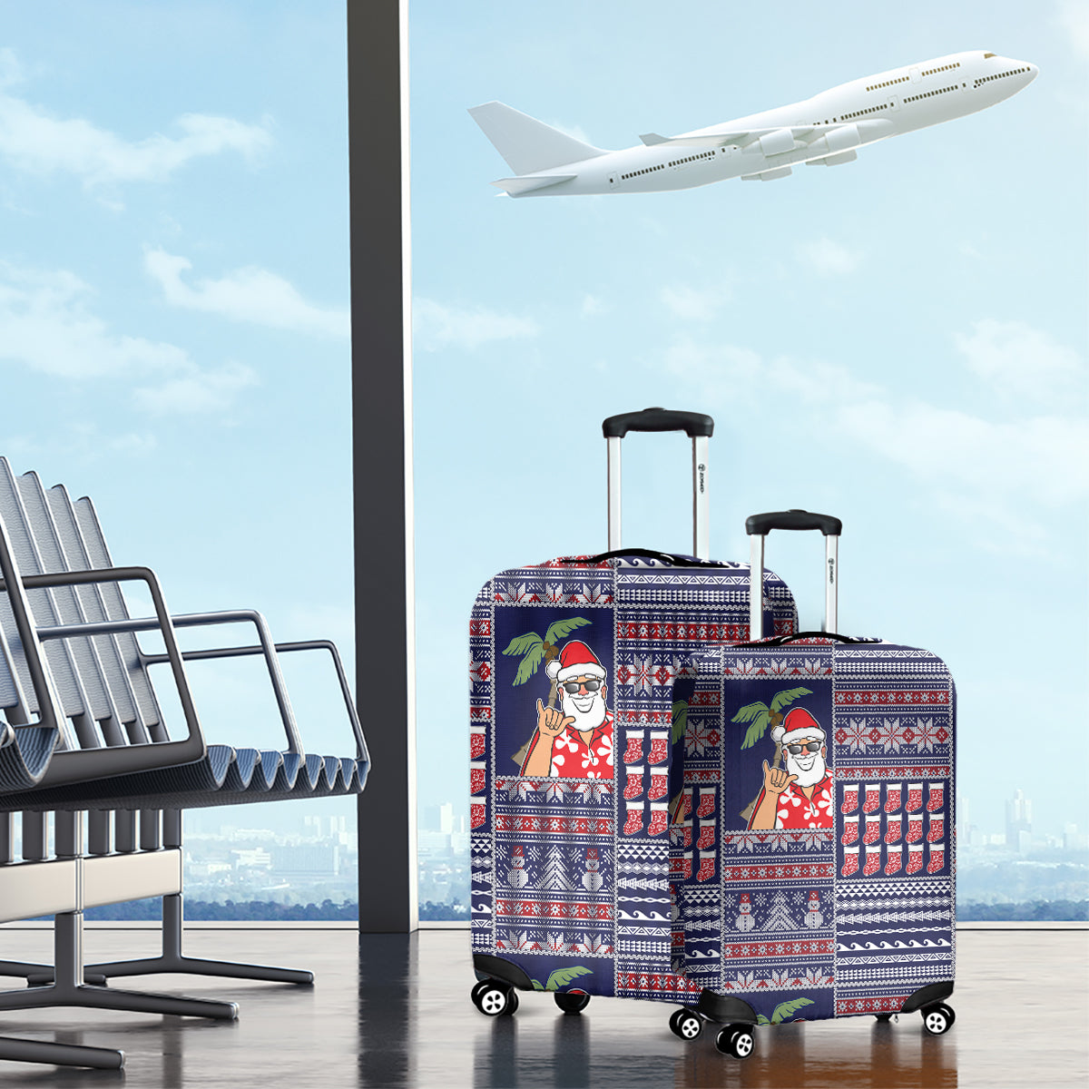 Hawaii Mele Kalikimaka Luggage Cover Aloha and Christmas Elements Patchwork Blue Style LT03 - Polynesian Pride