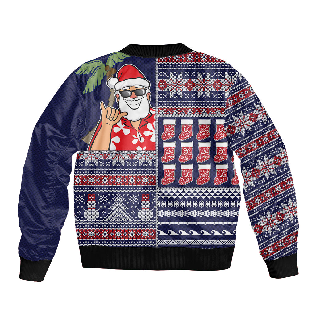 Hawaii Mele Kalikimaka Sleeve Zip Bomber Jacket Aloha and Christmas Elements Patchwork Blue Style LT03 - Polynesian Pride