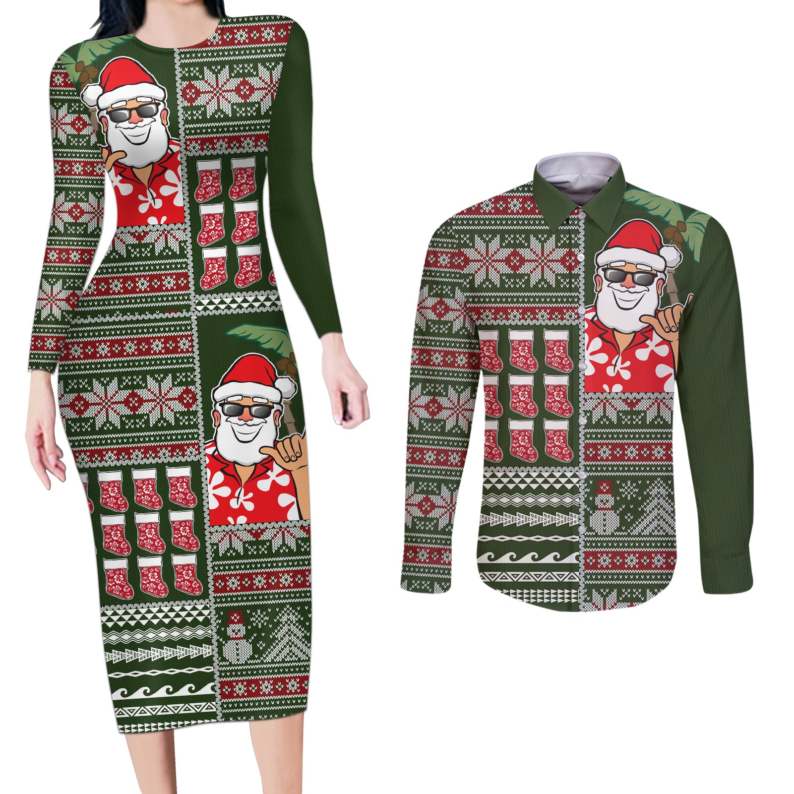 Hawaii Mele Kalikimaka Couples Matching Long Sleeve Bodycon Dress and Long Sleeve Button Shirt Aloha and Christmas Elements Patchwork Green Style LT03 Green - Polynesian Pride