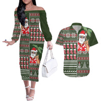 Hawaii Mele Kalikimaka Couples Matching Off The Shoulder Long Sleeve Dress and Hawaiian Shirt Aloha and Christmas Elements Patchwork Green Style LT03 Green - Polynesian Pride