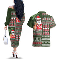 Hawaii Mele Kalikimaka Couples Matching Off The Shoulder Long Sleeve Dress and Hawaiian Shirt Aloha and Christmas Elements Patchwork Green Style LT03 - Polynesian Pride