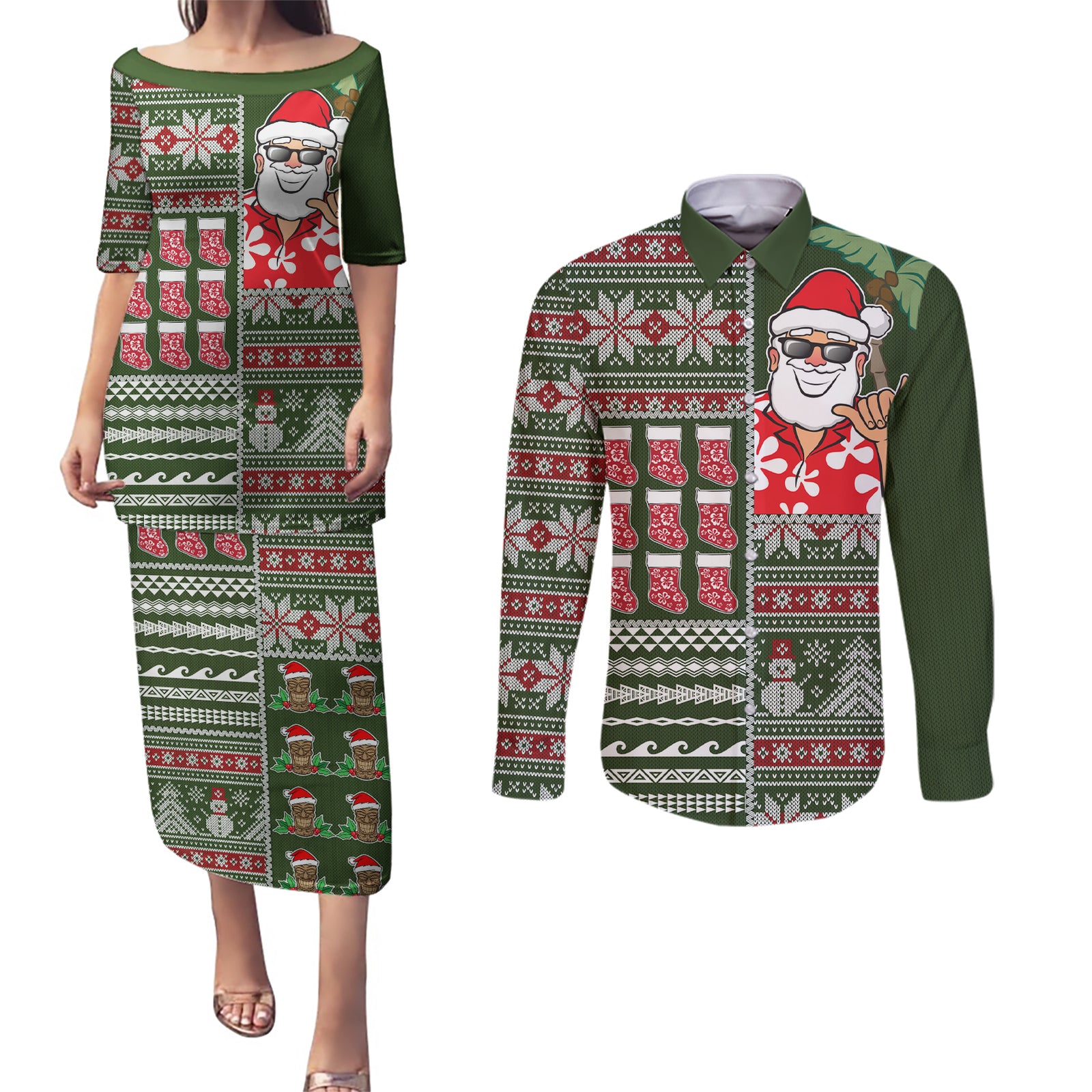 Hawaii Mele Kalikimaka Couples Matching Puletasi Dress and Long Sleeve Button Shirt Aloha and Christmas Elements Patchwork Green Style LT03 Green - Polynesian Pride
