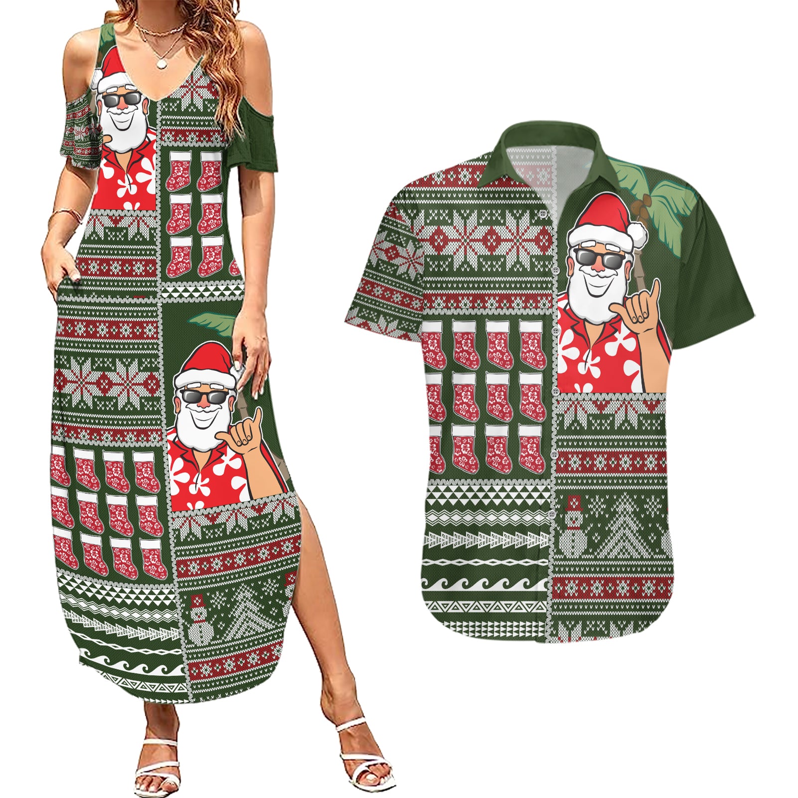 Hawaii Mele Kalikimaka Couples Matching Summer Maxi Dress and Hawaiian Shirt Aloha and Christmas Elements Patchwork Green Style LT03 Green - Polynesian Pride