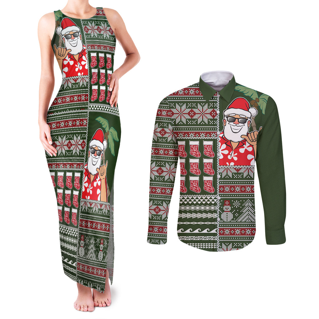 Hawaii Mele Kalikimaka Couples Matching Tank Maxi Dress and Long Sleeve Button Shirt Aloha and Christmas Elements Patchwork Green Style LT03 Green - Polynesian Pride