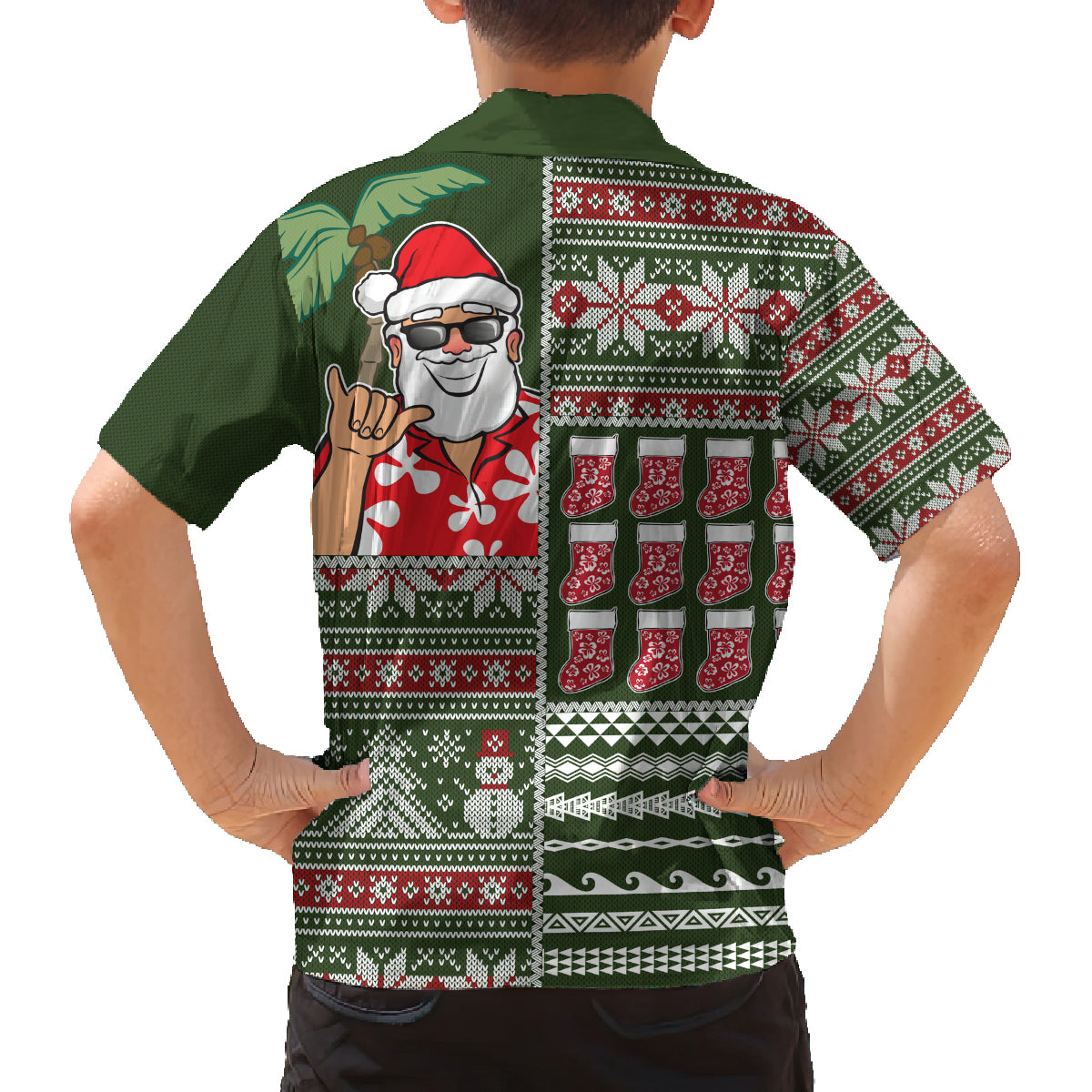 Hawaii Mele Kalikimaka Family Matching Off Shoulder Short Dress and Hawaiian Shirt Aloha and Christmas Elements Patchwork Green Style LT03 - Polynesian Pride