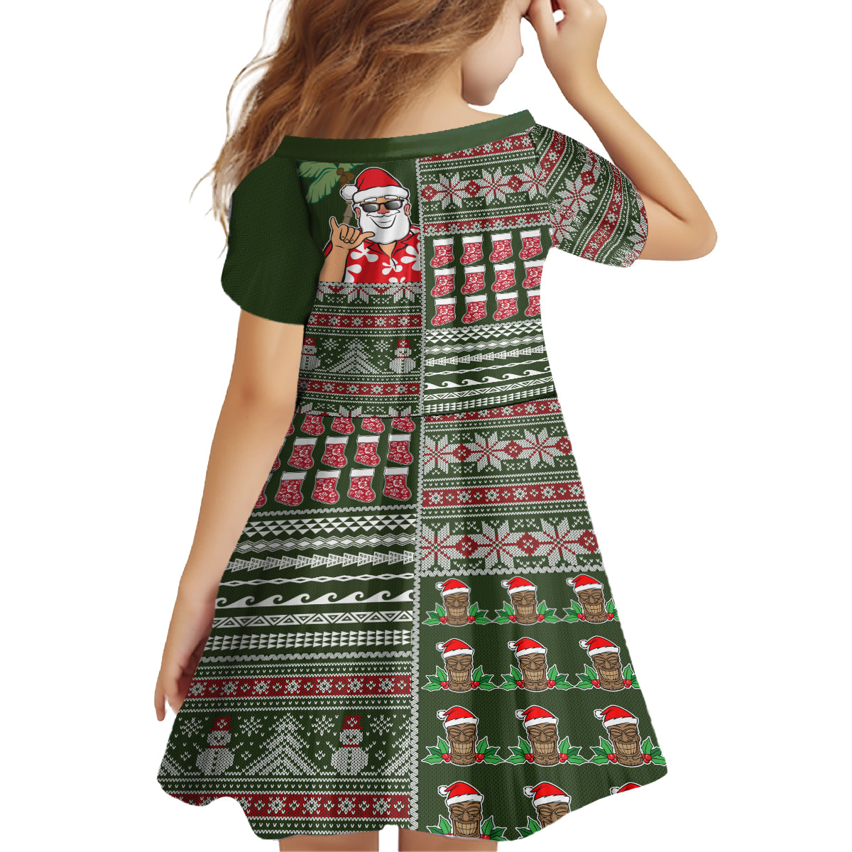 Hawaii Mele Kalikimaka Kid Short Sleeve Dress Aloha and Christmas Elements Patchwork Green Style LT03 - Polynesian Pride