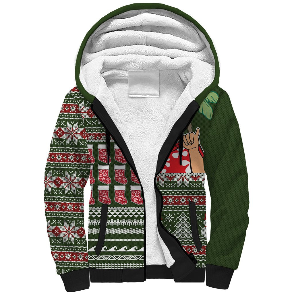 Hawaii Mele Kalikimaka Sherpa Hoodie Aloha and Christmas Elements Patchwork Green Style LT03 Unisex Green - Polynesian Pride