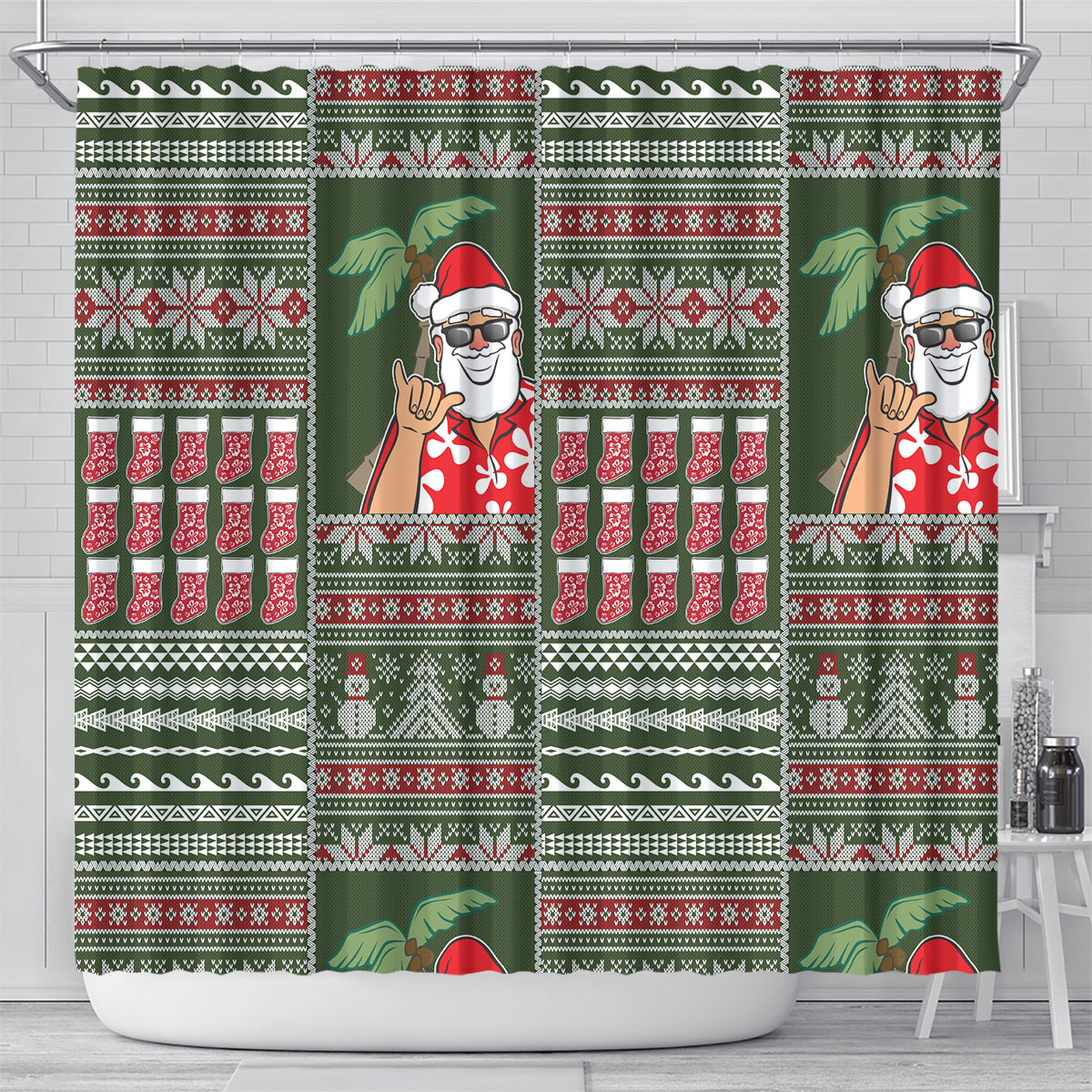 Hawaii Mele Kalikimaka Shower Curtain Aloha and Christmas Elements Patchwork Green Style LT03 - Polynesian Pride