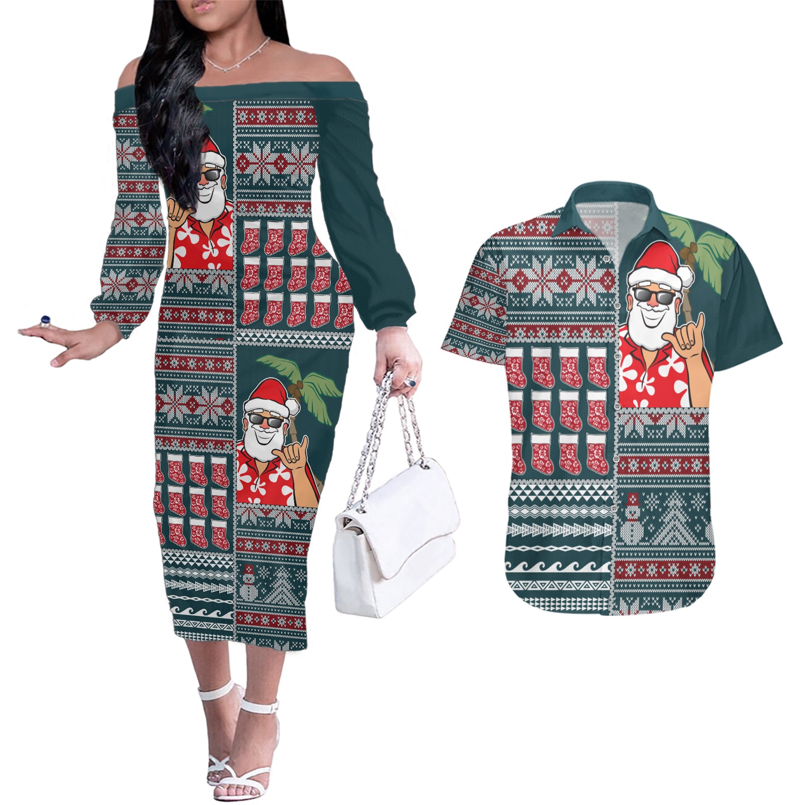 Hawaii Mele Kalikimaka Couples Matching Off The Shoulder Long Sleeve Dress and Hawaiian Shirt Aloha and Christmas Elements Patchwork Turquoise Style LT03 Turquoise - Polynesian Pride