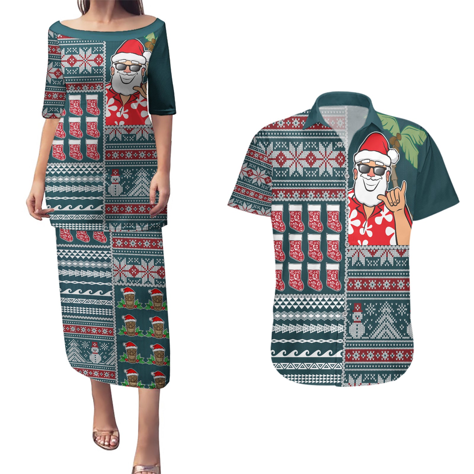 Hawaii Mele Kalikimaka Couples Matching Puletasi Dress and Hawaiian Shirt Aloha and Christmas Elements Patchwork Turquoise Style LT03 Turquoise - Polynesian Pride