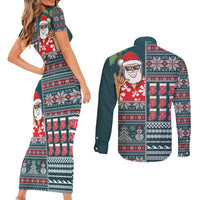 Hawaii Mele Kalikimaka Couples Matching Short Sleeve Bodycon Dress and Long Sleeve Button Shirt Aloha and Christmas Elements Patchwork Turquoise Style LT03 - Polynesian Pride