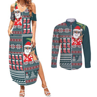 Hawaii Mele Kalikimaka Couples Matching Summer Maxi Dress and Long Sleeve Button Shirt Aloha and Christmas Elements Patchwork Turquoise Style LT03 Turquoise - Polynesian Pride